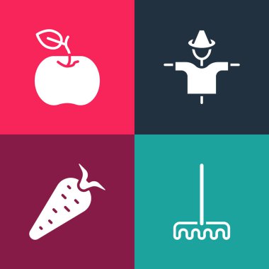 Pop Sanat Bahçesi Tırmığı, Havuç, Korkuluk ve Elma ikonunu hazırla. Vektör