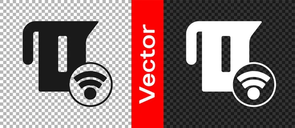 Black Smart icono del sistema de hervidor eléctrico aislado sobre fondo transparente. Icono de tetera. Concepto de Internet de las cosas con conexión inalámbrica. Vector — Vector de stock