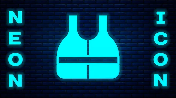 Gloeiende neon Life jacket icoon geïsoleerd op bakstenen muur achtergrond. Een icoon van een vest. Extreme sport. Sportuitrusting. Vector — Stockvector