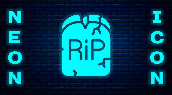 Glowing neon Tombstone with RIP written on it icon isolated on brick wall background. Grave icon. Happy Halloween party. Vector — Stock Vector