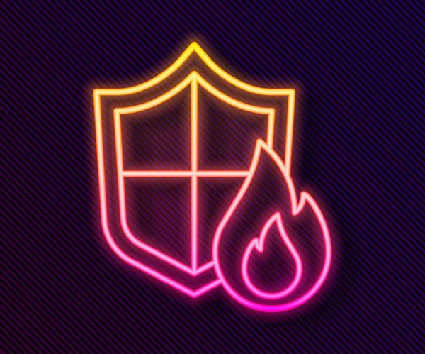 Gloeiende neon lijn Brandwerende schild pictogram geïsoleerd op zwarte achtergrond. Verzekeringsconcept. Beveiliging, veiligheid, bescherming, bescherming concept. Vector — Stockvector