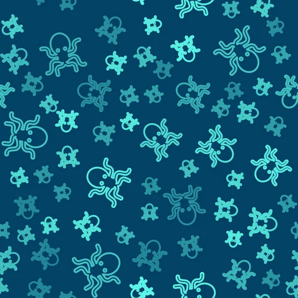 Linha verde Octopus ícone isolado padrão sem costura no fundo azul. Vetor — Vetor de Stock