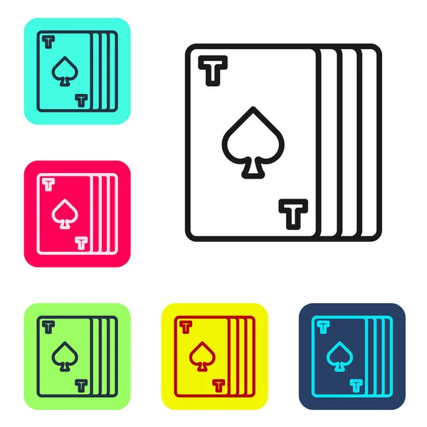 Linha preta Deck de cartas de jogar ícone isolado no fundo branco. Jogo de casino. Definir ícones em botões quadrados de cor. Vetor — Vetor de Stock