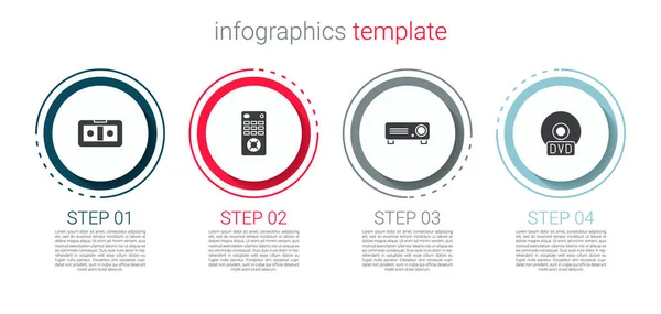 Set VHS-Videokassette, Fernbedienung, Film, Film, Medienprojektor und CD-DVD. Geschäftsinfografische Vorlage. Vektor — Stockvektor