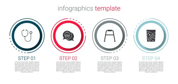 Set stéthoscope, grand-mère, Walker et fausse mâchoire en verre. Modèle d'infographie d'entreprise. Vecteur — Image vectorielle