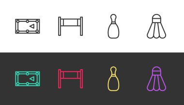 Çizgi bilardo masası, voleybol ağı, bovling pimi ve Badminton mekiği siyah beyaz. Vektör