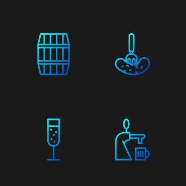 Bardaklı bira musluğu, bir kadeh şampanya, tahta fıçı ve çatallı salatalık turşusu. Renk simgeleri. Vektör