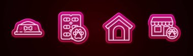Hayvan maması kasesi, köpek hapı, ev ve veteriner hastanesi. Parlayan neon ikonu. Vektör