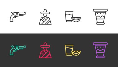 Sıra Revolver silahı, Meksikalı sombrero, limonlu tekila bardağı ve siyah beyaz davul. Vektör