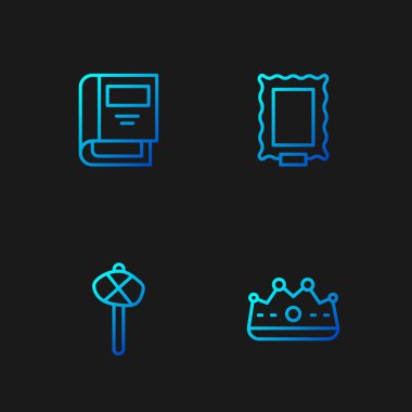 Kral tacı, taş devri çekiç, tarih kitabı ve resim. Renk simgeleri. Vektör