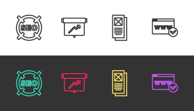 SEO optimizasyonunu ayarla, grafik tablosu olan tahta, Tarayıcı penceresi ve web sitesi şablonunu siyah ve beyaz olarak ayarla. Vektör
