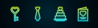 Anahtar 'ı kalp şeklinde ayarla, kravat, düğün pastası ve tebrik kartı. Parlayan neon ikonu. Vektör