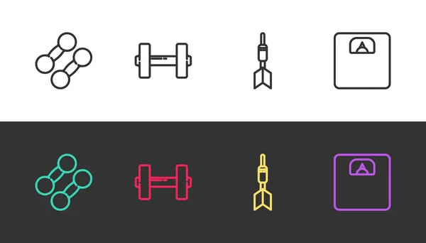 Set line Hantel, Pfeil und Badezimmerwaage auf schwarz und weiß. Vektor — Stockvektor
