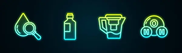 İpi bırak ve büyüteç, bir şişe su filtresi ve H2O 'nun kimyasal formülünü hazırla. Parlayan neon ikonu. Vektör — Stok Vektör