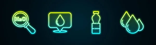 Set line Fórmula química para H2O, Gota de agua con ubicación, Botella de agua y. Icono de neón brillante. Vector — Vector de stock