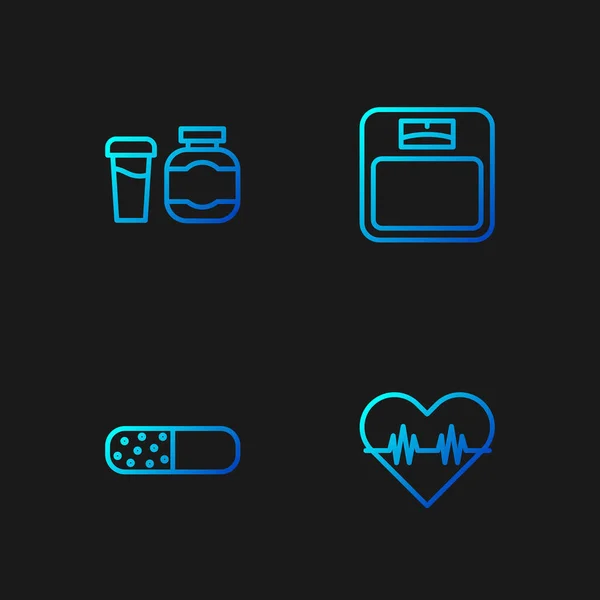 Set line Hartslag, Vitamine pil, Sportvoeding en Badkamerweegschalen. Gradiënt kleurpictogrammen. Vector — Stockvector