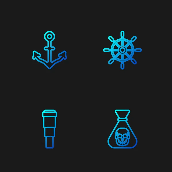 Set Piratenmünze, Spyglass Teleskoplinse, Anker und Schiffslenkrad. Farbverlauf-Symbole. Vektor — Stockvektor