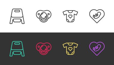 Hattı ayarla, bebek tuvaleti, sahte emzik, kıyafetler ve kalbin içi siyah beyaz olsun. Vektör