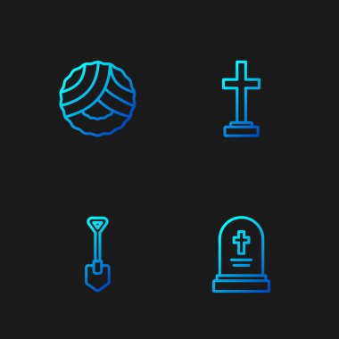 Mezar taşı, kürek, çelenk ve haçla bir çizgi çiz. Renk simgeleri. Vektör