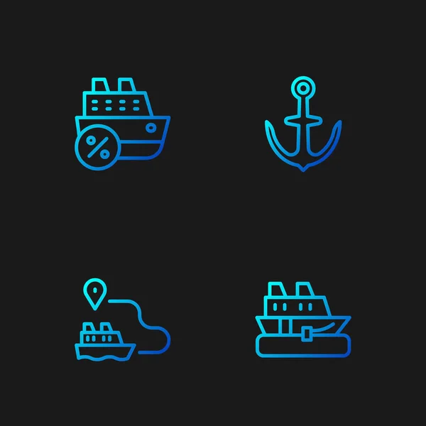 Establezca la línea de cruceros, ruta de la línea del barco y ancla. Iconos de color degradado. Vector — Vector de stock