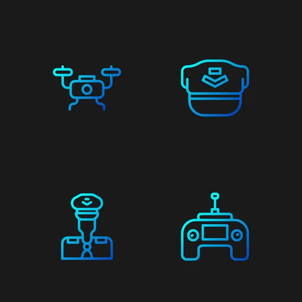 Establecer línea Drone control remoto, piloto, vuelo y sombrero. Iconos de color degradado. Vector — Archivo Imágenes Vectoriales