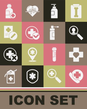 Hastaneye acil telefon görüşmesi, haçlı kalp, tıbbi analiz, el antiseptiği şişesi, çapraz sağlık, reçete, bir şişe ilaç şurubu ve hortum spreyi getirin. Vektör