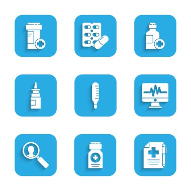 Tıbbi termometreyi, ilaç şişesini, reçeteyi ve kalemi, kardiyogramı, analizi, şişe burun spreyini, ilaç şurubunu ve ikonu olan monitörü ayarla. Vektör