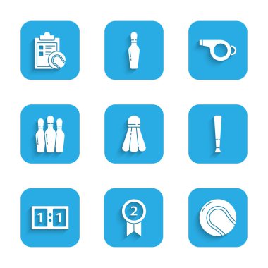 Badminton mekik, madalya, beysbol topu, beysbol sopası, spor mekanik skorbord, bowling broşu, ıslık ve kontrol listesi ve tenis ikonu. Vektör