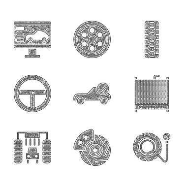Otomotiv kontrolü otomotiv, araba fren diski kalibre, lastik basınç göstergesi, radyatör soğutma sistemi, yıkama, direksiyon, lastik ve araba ikonunun tanısal durumunu ayarla. Vektör