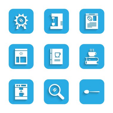 Kahve kitabı, kahve çekirdekleri, kaşık, fincan ve, makine, torba, gazete ve ikon için madalya ayarla. Vektör