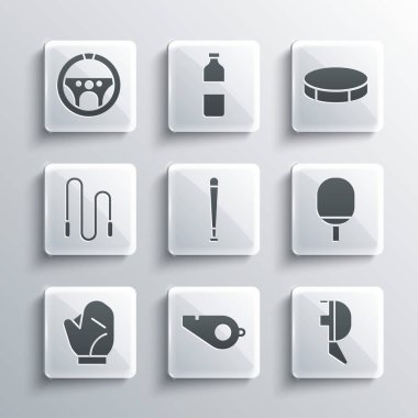 Düdük, kask maskesi masa tenisi, beysbol sopası, eldiven, ip atlama, direksiyon ve hokey diski ikonu için raket. Vektör