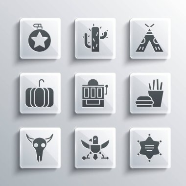 Kartal, Hexagram Şerifi, Burger ve Patates kızartması, Kumar makinesi, Buffalo kafatası, Balkabağı, Kantin su şişesi ve Kızılderili çadırı ikonu. Vektör