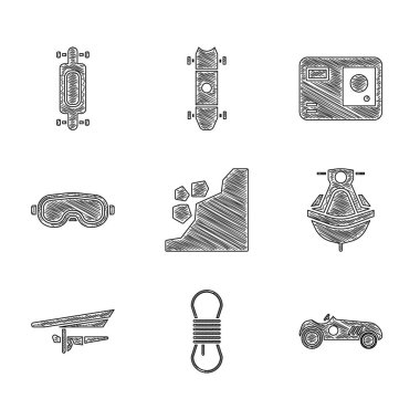 Heyelan, tırmanma ipi, klasik spor yarış arabası, Jet ski, Hang plander, kayak gözlüğü, Aksiyon ekstrem kamerası ve Longboard kaykay ikonu. Vektör