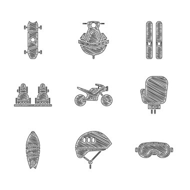 Motorsiklet, bisiklet kaskı, kayak gözlükleri, boks eldiveni, sörf tahtası, snowboard ve çubuklar ve kaykay simgesi. Vektör