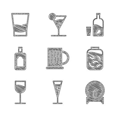 Tahta bira bardağı, bir bardak şampanya, rafta fıçı, kavanozda salatalık turşusu, şarap bardağı, viski şişesi, biberli votka ve votka ikonu. Vektör