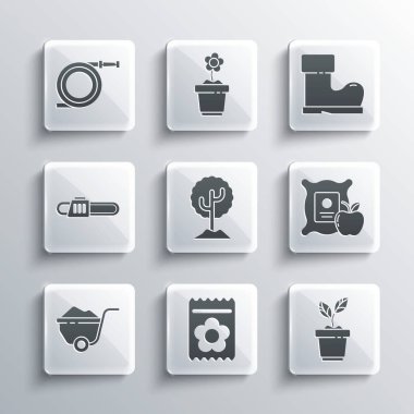 Tohumlarla dolu bir paket, saksıya bitki, Elma çuval, Ağaç, El Arabası, testere, bahçe hortumu ya da yangın hortumu ve su geçirmez lastik bot ikonu. Vektör