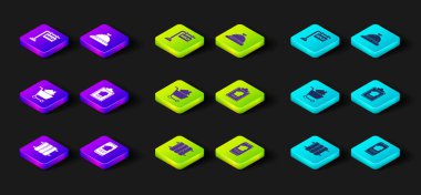 Isıtma radyatörü, çevrimiçi emlak evi, alışveriş arabası, ev sözleşmesi, otel servis zili ve asılma simgesi satışı. Vektör