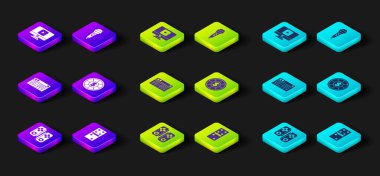 Gamepad, Domino, Music synthesizer, Casino çipleri, Mikrofon ve Online oyun ikonu. Vektör