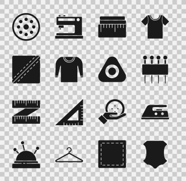 Deri, elektrikli ütü, dikiş iğnesi, mezura, süveter, dikiş deseni, düğme ve tebeşir simgesi. Vektör