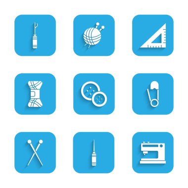 Dikiş düğmesi, Awl aracı, makine, güvenlik iğnesi, örgü iğneleri, iplik, üçgen cetvel ve simge. Vektör