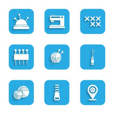 Örgü iğneli iplik topu, fermuar, terzi dükkanı, Awl aleti, dikiş iğnesi, ayarlanabilir nakış çember, yatak ve ikon. Vektör