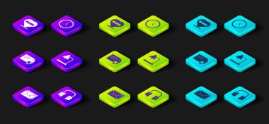 Zarfı, kulaklığı, sertifika şablonunu, masa lambasını, saat ve kalbi metin çalışma simgesiyle ayarla. Vektör