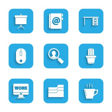 Arama görevlileri için büyüteç, belge klasörü, kahve fincanı, kaktüs ve sulu demlik, metin çalışması ile monitör, bilgisayar faresi, ofis masası ve tebeşir tahtası diyagramı simgesi ayarlayın. Vektör
