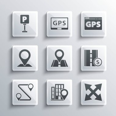 Evin yerini, trafik işaretini, paralı yolu, güzergahı, park yerini ve GPS haritası simgesini ayarla. Vektör