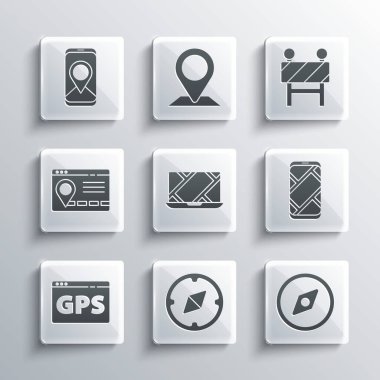 Pusula, şehir haritası navigasyonu, GPS aygıtı, şehir bilgisi ve yol bariyeri simgesi. Vektör