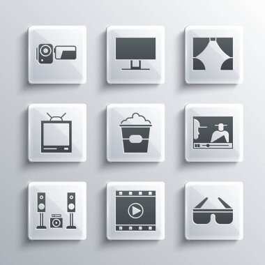 Set Play Video, 3D sinema gözlüğü, Online oyun videosu, Popcorn box, iki hoparlörlü Home stereo, Retro TV, Cinema camera ve Curtain ikonu. Vektör