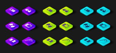 Stacks kağıt para, mikrofon, CD veya DVD disk, Retro TV, 3D sinema gözlüğü ve sinema bileti ikonu. Vektör