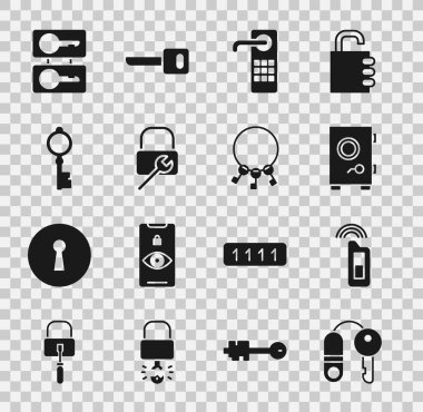 House 'u anahtar, uzaktan kumanda, güvenli, dijital kapı kilidi, kilit tamiri, eski, döküm anahtarları ve bir sürü ikon ile ayarla. Vektör