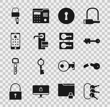 Bir sürü anahtar ayarla, Kırık, Eski, Anahtar Deliği, Dijital kapı kilidi, Mobil ve grafik şifre, Kilit açma ve dökme simgesi. Vektör