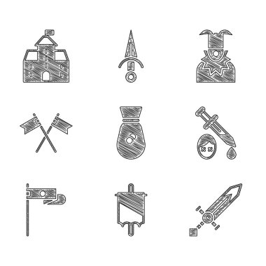 Eski para çantası, ortaçağ bayrağı, kanlı kılıç, çapraz ortaçağ, Joker kafası ve kale ikonu. Vektör